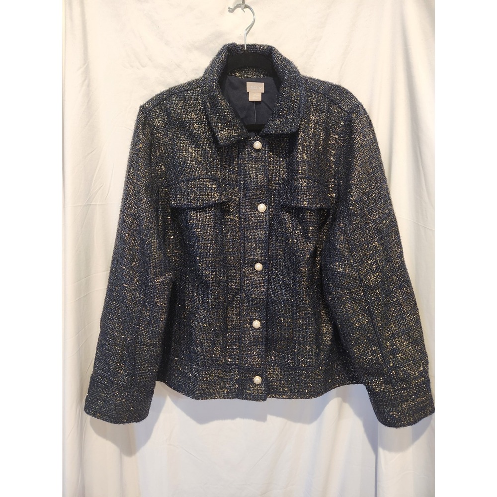 Classic Chico's Foil Tweed Navy Classic Jacket Pearl Buttons Size 4 XL 20/22 NEW